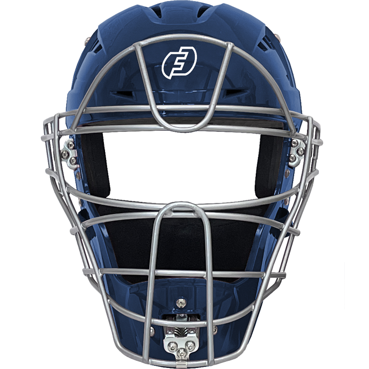The Force3 Hockey Style Defender Catcher's Helmet: BD22 is a blue helmet with a silver metal faceguard, black padding, and a white F logo on the forehead, providing umpire safety against a plain light background.