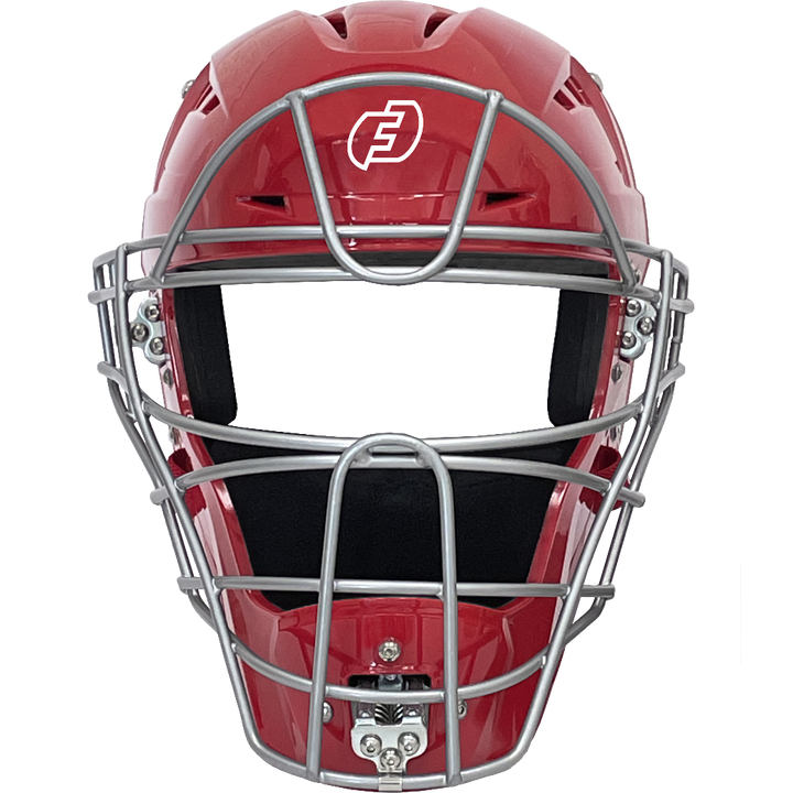 The Force3 Hockey Style Defender Catcher's Helmet: BD22 features a red shell, metallic silver faceguard, and a white Force3 logo on the front, shown against a plain white background.