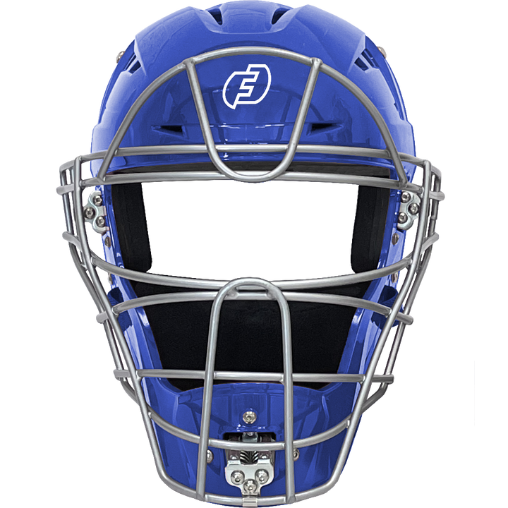 The Force3 Hockey Style Defender Catcher's Helmet: BD22 features a blue design with a metal face guard and white logo, shown front view on a plain white background, ensuring ultimate safety for umpires.