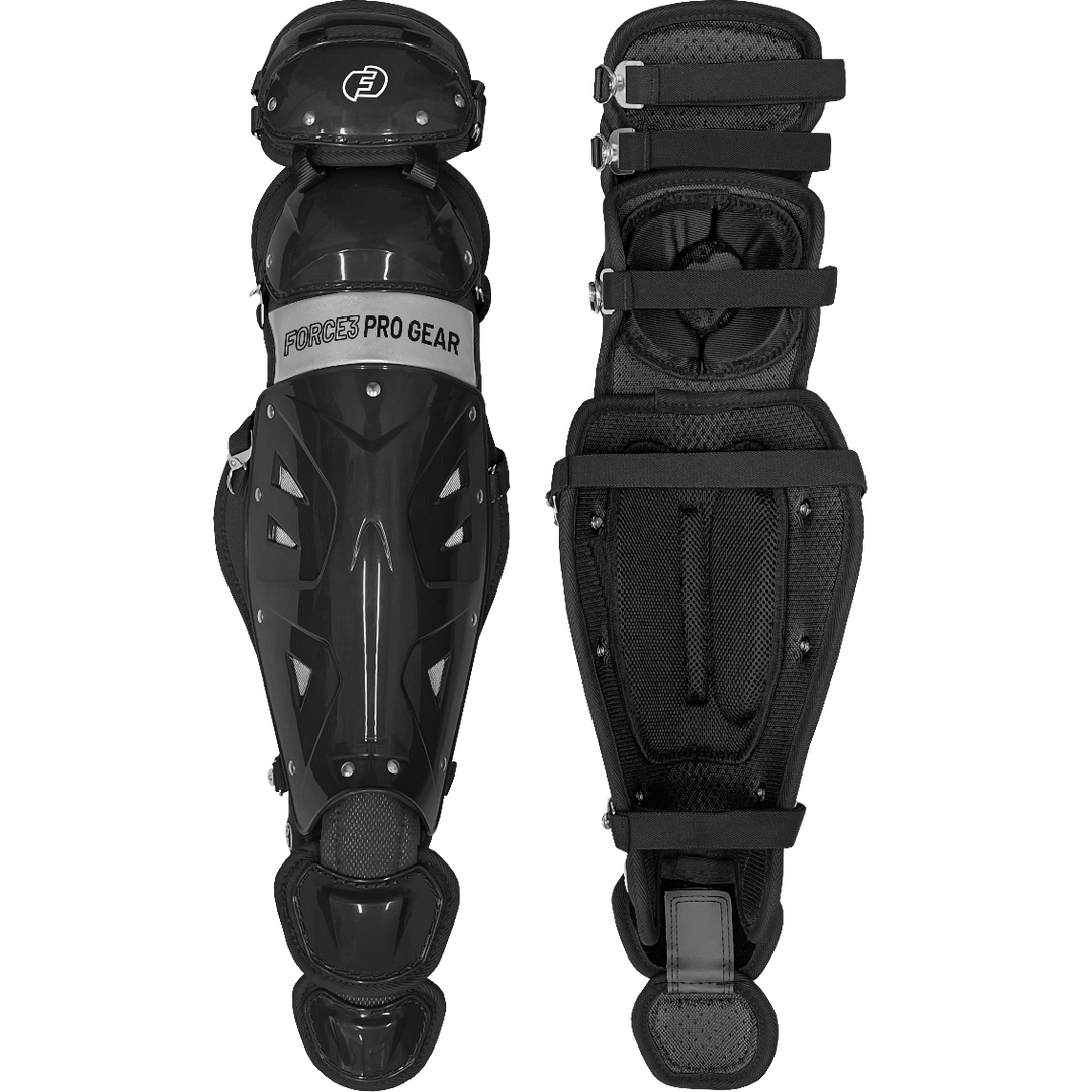 Two Force3 Catcher's Leg Guards with Dupont Kevlar (model BC8), featuring black padded lining, adjustable straps, and a durable hard shell. One guard shows the front; the other highlights interior padding and strap details.