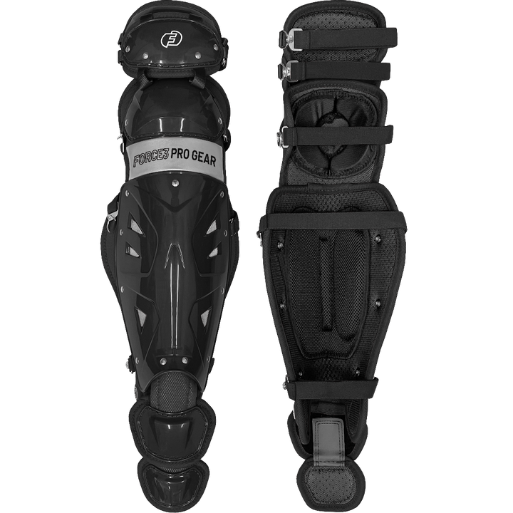 Two Force3 Catcher's Leg Guards with Dupont Kevlar (model BC8), featuring black padded lining, adjustable straps, and a durable hard shell. One guard shows the front; the other highlights interior padding and strap details.