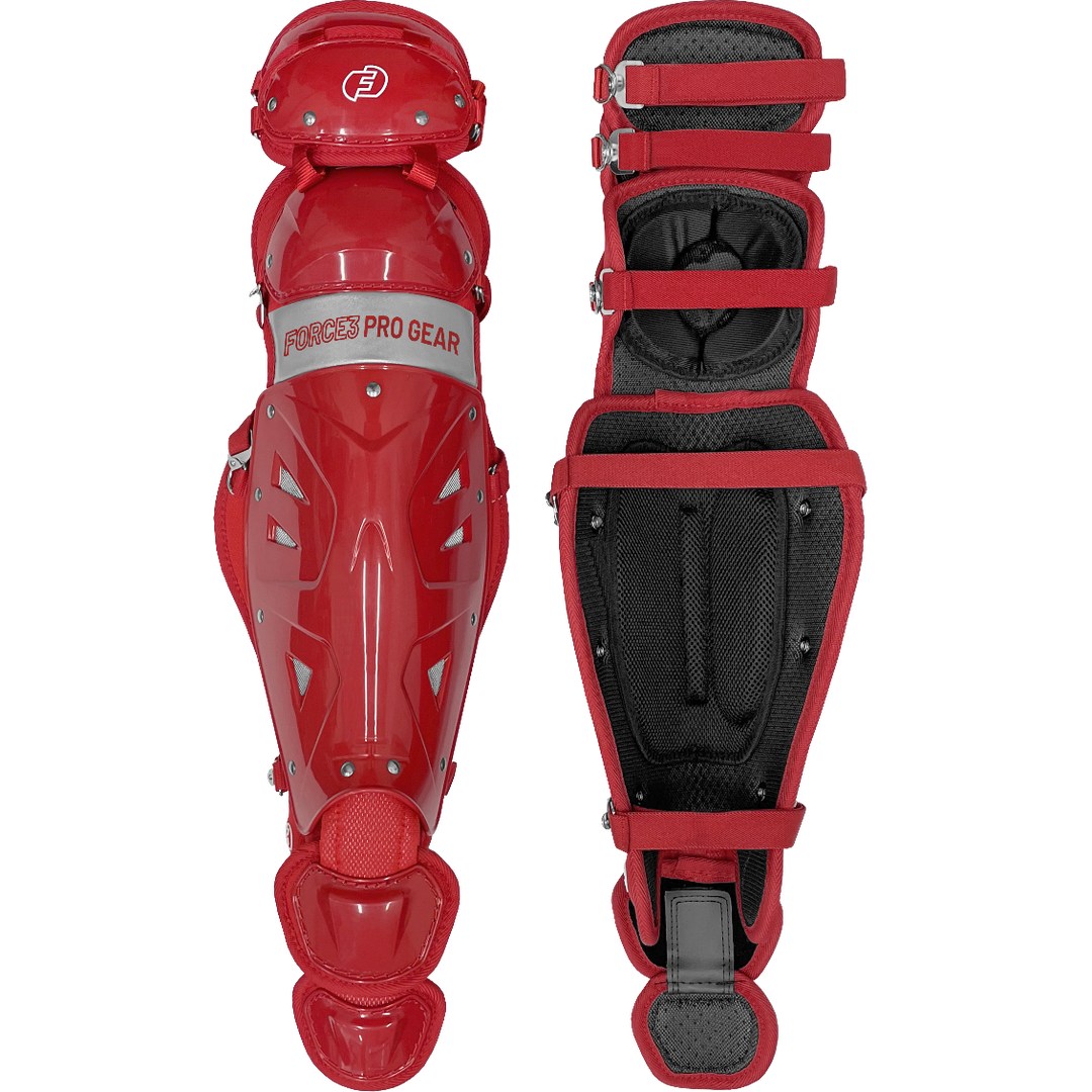 Force3 Catcher's Leg Guards with Dupont Kevlar (BC8) are shown front and back. The front highlights hard shell protection and Force3 branding; the back shows black padding, adjustable red straps, and premium safety features.