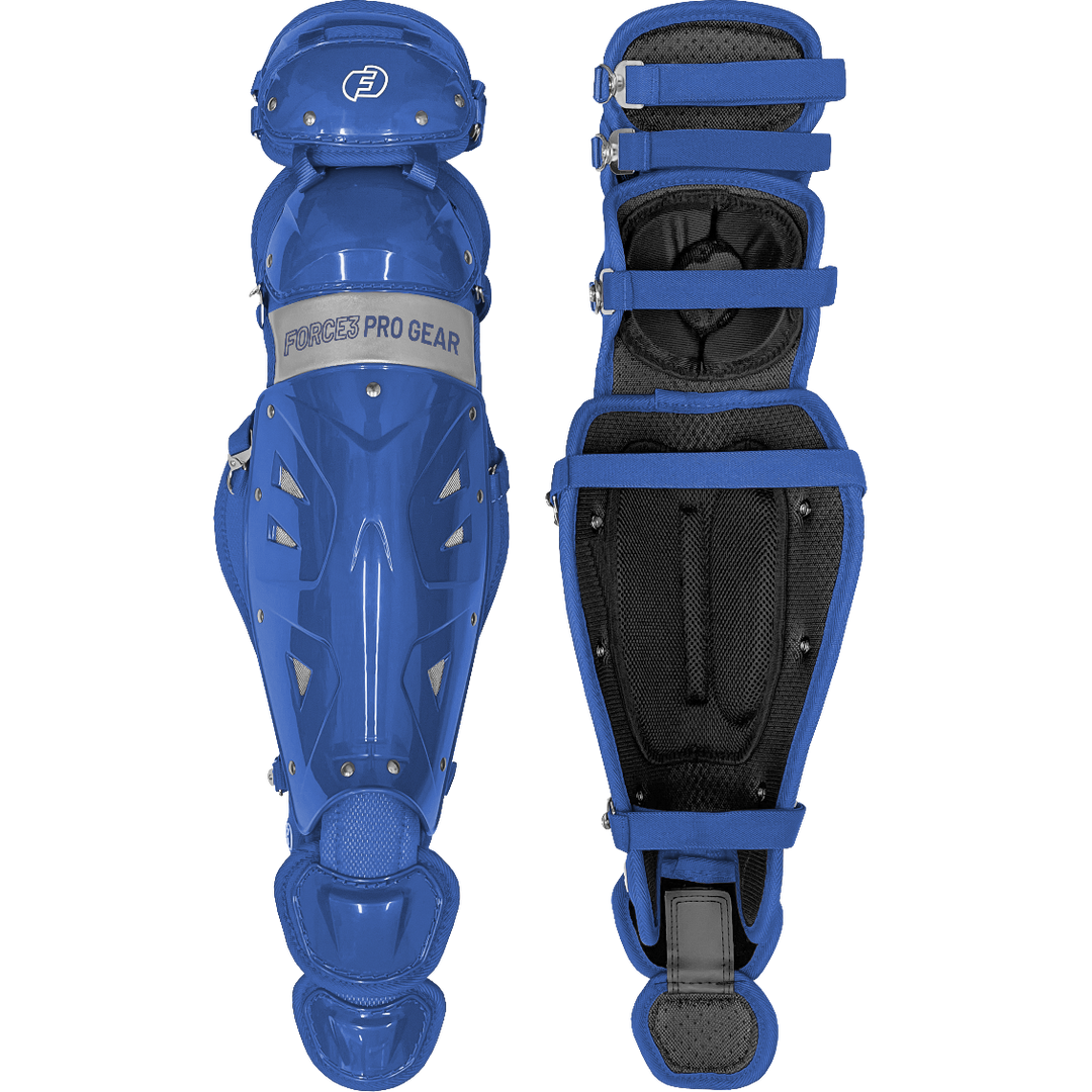 Two blue Force3 Catcher's Leg Guards with Dupont Kevlar (BC8) are shown—one facing forward, one displaying the padded interior and adjustable straps. Both feature metal rivet details and FORCE3 branding for reliable protection.