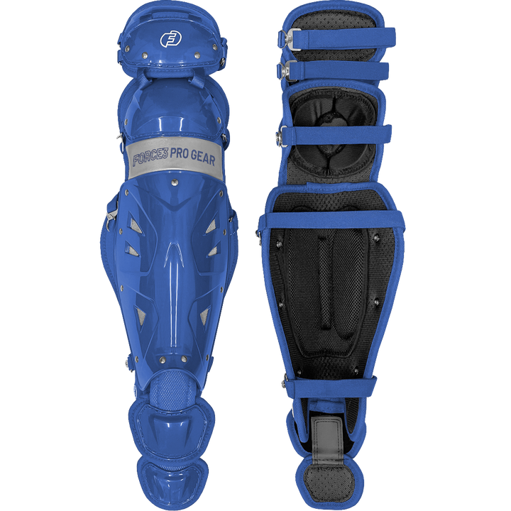 Two blue Force3 Catcher's Leg Guards with Dupont Kevlar (BC8) are shown—one facing forward, one displaying the padded interior and adjustable straps. Both feature metal rivet details and FORCE3 branding for reliable protection.