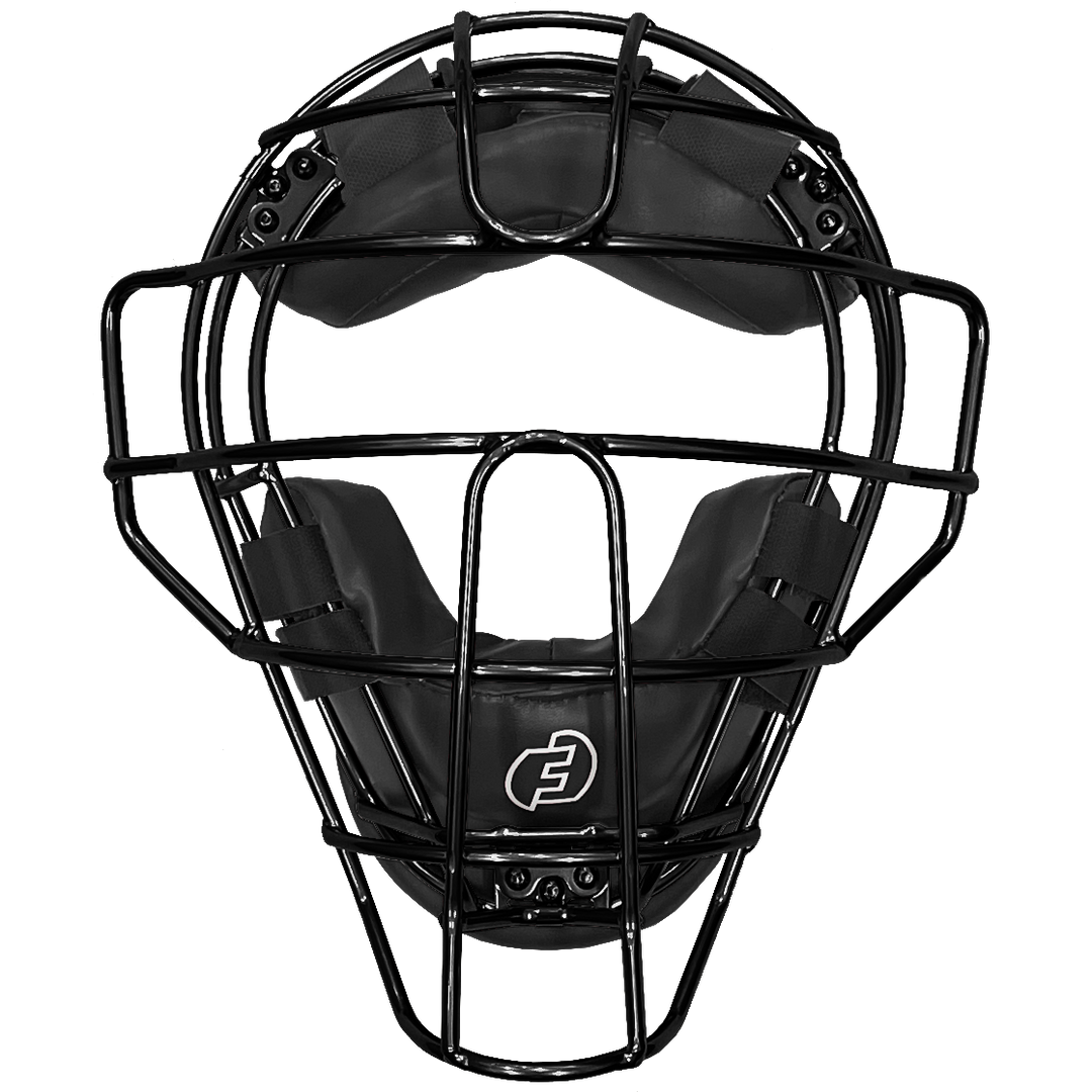 The Force3 Pro Gear Traditional Defender Mask: BD31 by Force3 is a black and silver catcher’s mask with padded sections and a protective metal cage, designed for baseball safety, shown front-facing on a plain white background.