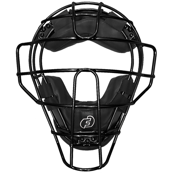 The Force3 Pro Gear Traditional Defender Mask: BD31 by Force3 is a black and silver catcherâs mask with padded sections and a protective metal cage, designed for baseball safety, shown front-facing on a plain white background.