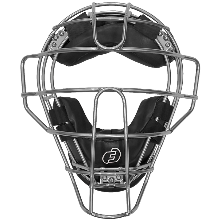 The Force3 Pro Gear Traditional Defender Mask: BD31 is a silver catcherâs mask with black padding and an embroidered white logo on the forehead, shown front-facing against a white background and designed for top baseball safety.