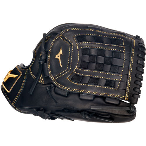 The Mizuno MVP Prime 12" Baseball Glove (GMVP1200P4) features black Bio Soft Leather, gold stitching, a woven pocket, and gold Mizuno logos on the wrist and back.