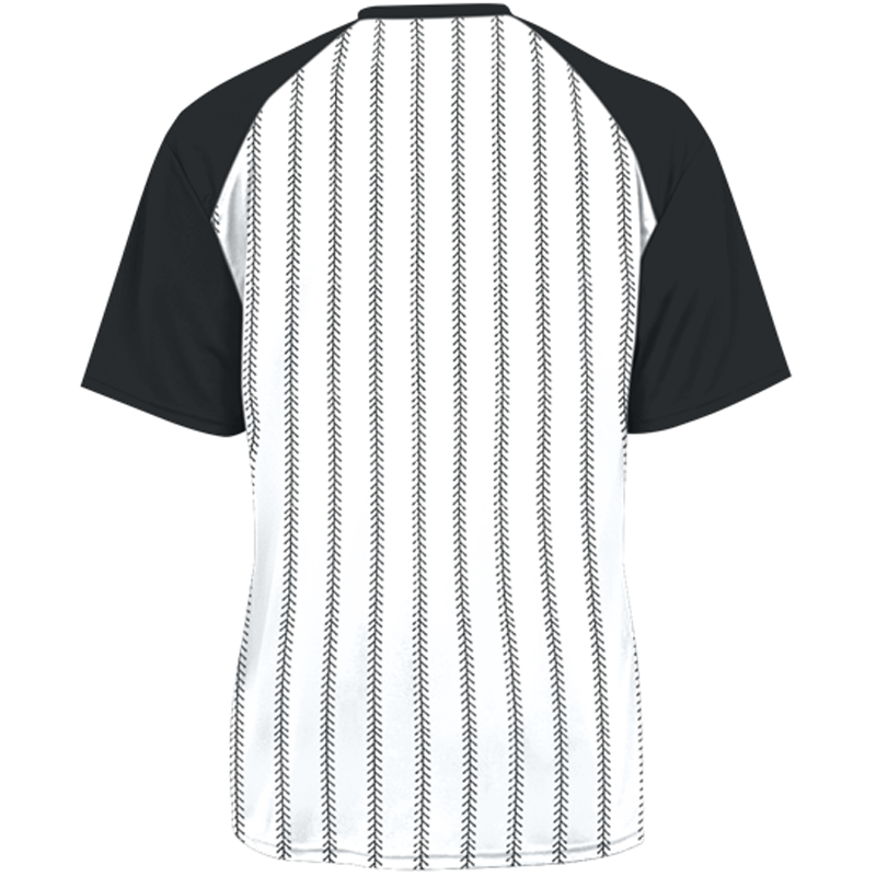 The DSG Apparel National Softball Association NSA Splitter Dry Fit Short Sleeve Shirt features black sleeves, a white back with vertical black stitched lines like baseball seams, and moisture-wicking fabric ideal for NSA players.
