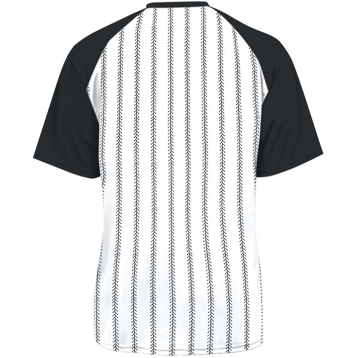 The DSG Apparel National Softball Association NSA Splitter Dry Fit Short Sleeve Shirt features black sleeves, a white back with vertical black stitched lines like baseball seams, and moisture-wicking fabric ideal for NSA players.