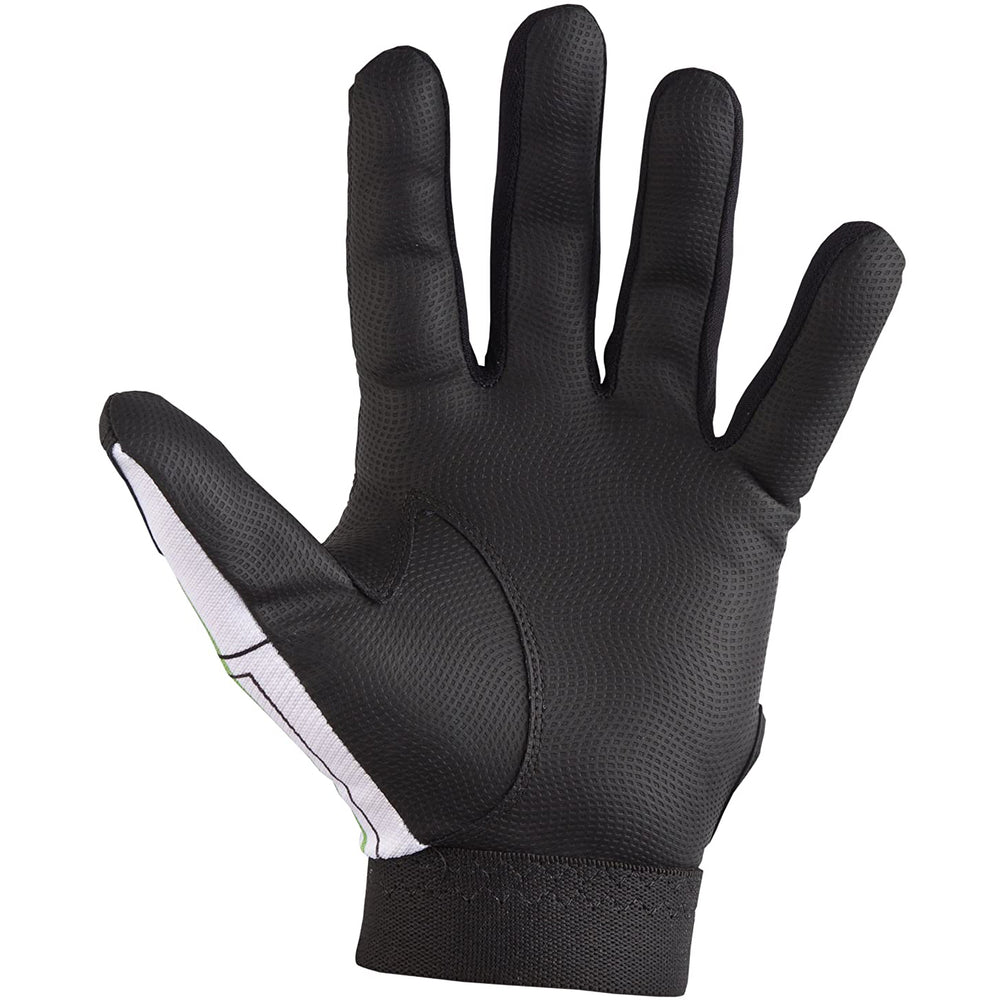 The Louisville Slugger Genesis BG50 Adult Batting Glove by Louisville Slugger is shown palm forward in black with a professional-quality sheepskin palm and a white thumb stripe, displayed against a white background.