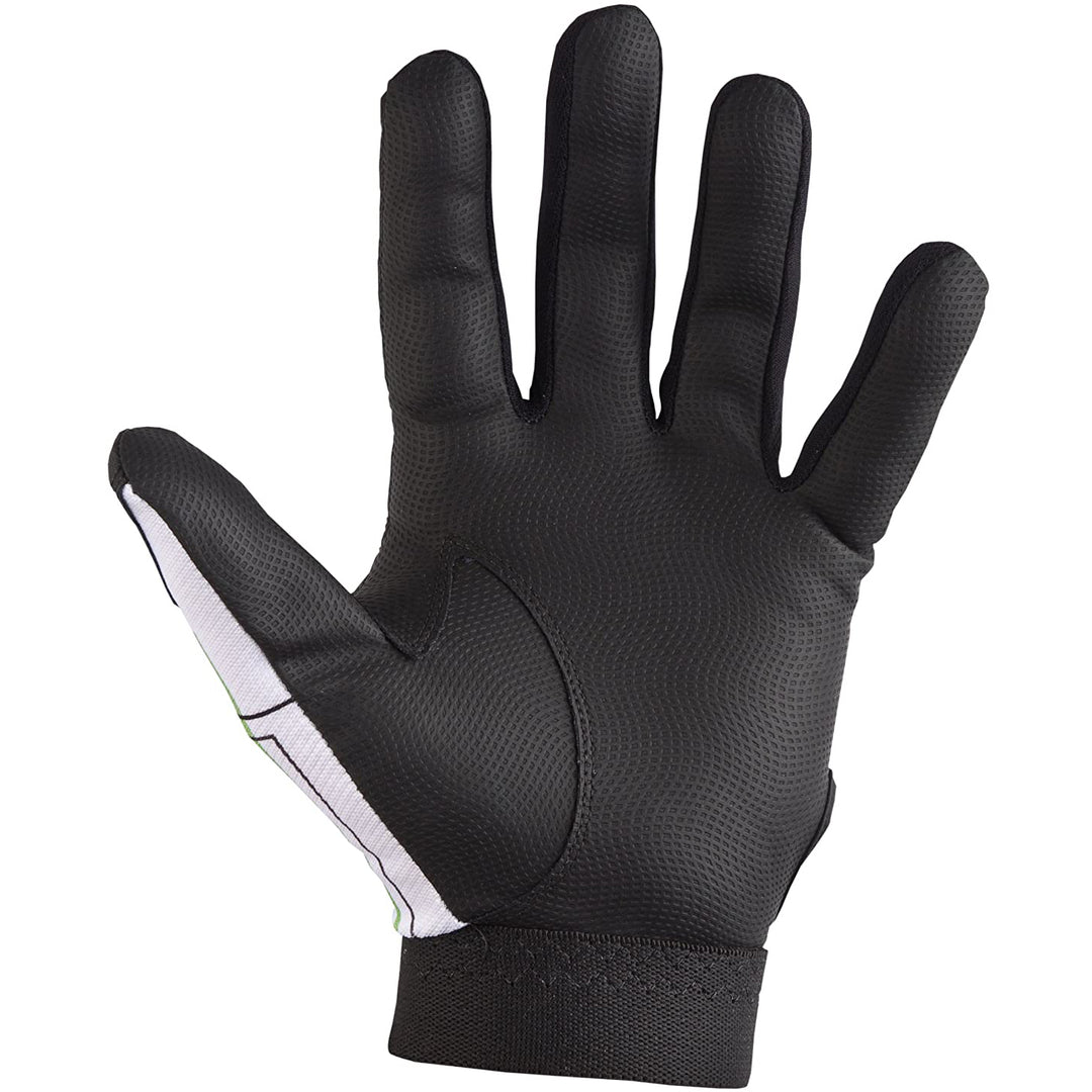 The Louisville Slugger Genesis BG50 Adult Batting Glove by Louisville Slugger is shown palm forward in black with a professional-quality sheepskin palm and a white thumb stripe, displayed against a white background.
