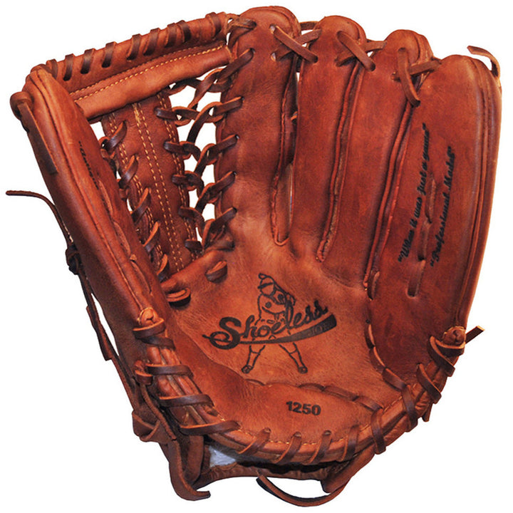 The Shoeless Joe 12.5" Baseball Glove (1250MT) features classic brown leather, visible stitching and laces, plus the Shoeless Joe logo and a cartoon figure on the palm—showcasing quality craftsmanship.