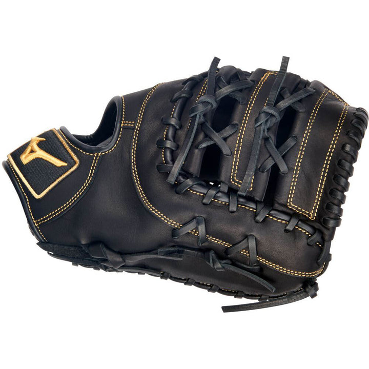 The Mizuno MVP Prime 12.5" Baseball First Base Mitt (GXF50PB4) is a black glove made from Bio Soft Leather with yellow stitching and lacing, shown closed with the Mizuno logo on the wrist strap.