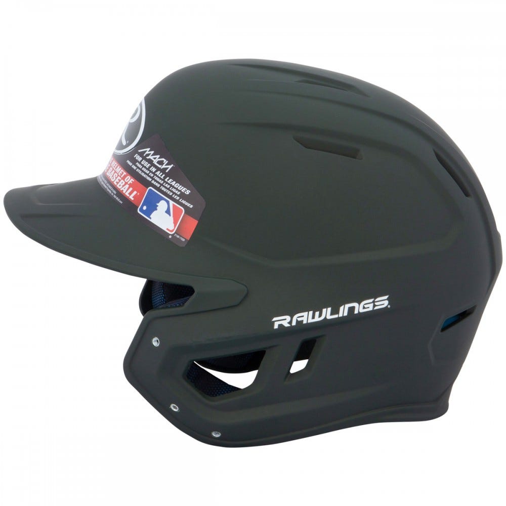 The Rawlings Mach Matte Batting Helmet: MACH features ventilation slots, a protective face guard, an MLB logo sticker, and white Rawlings branding—delivering top-quality protection in matte black.