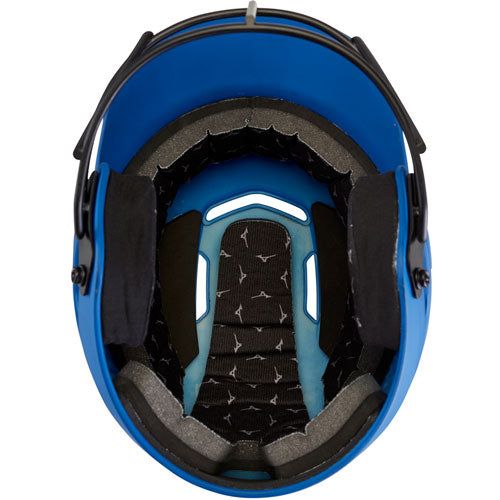 Top view of the Mizuno F6 Solid Fastpitch Batting Helmet with Mask (380395/380397) by Mizuno, featuring black and gray padded lining plus side and back padding for comfort and protection—built specifically for female athletes.