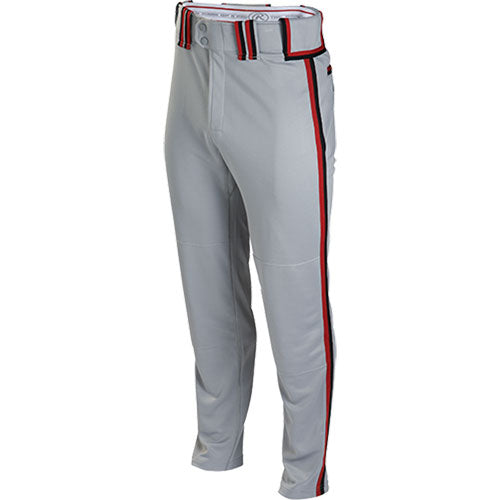 The Rawlings Adult Premium Plated Braid Baseball/Softball Pants (RP150) feature a black, red, and white striped belt and matching side stripes, made of 2-way stretch polyester for comfort and durability. Pro style shown on a white background.