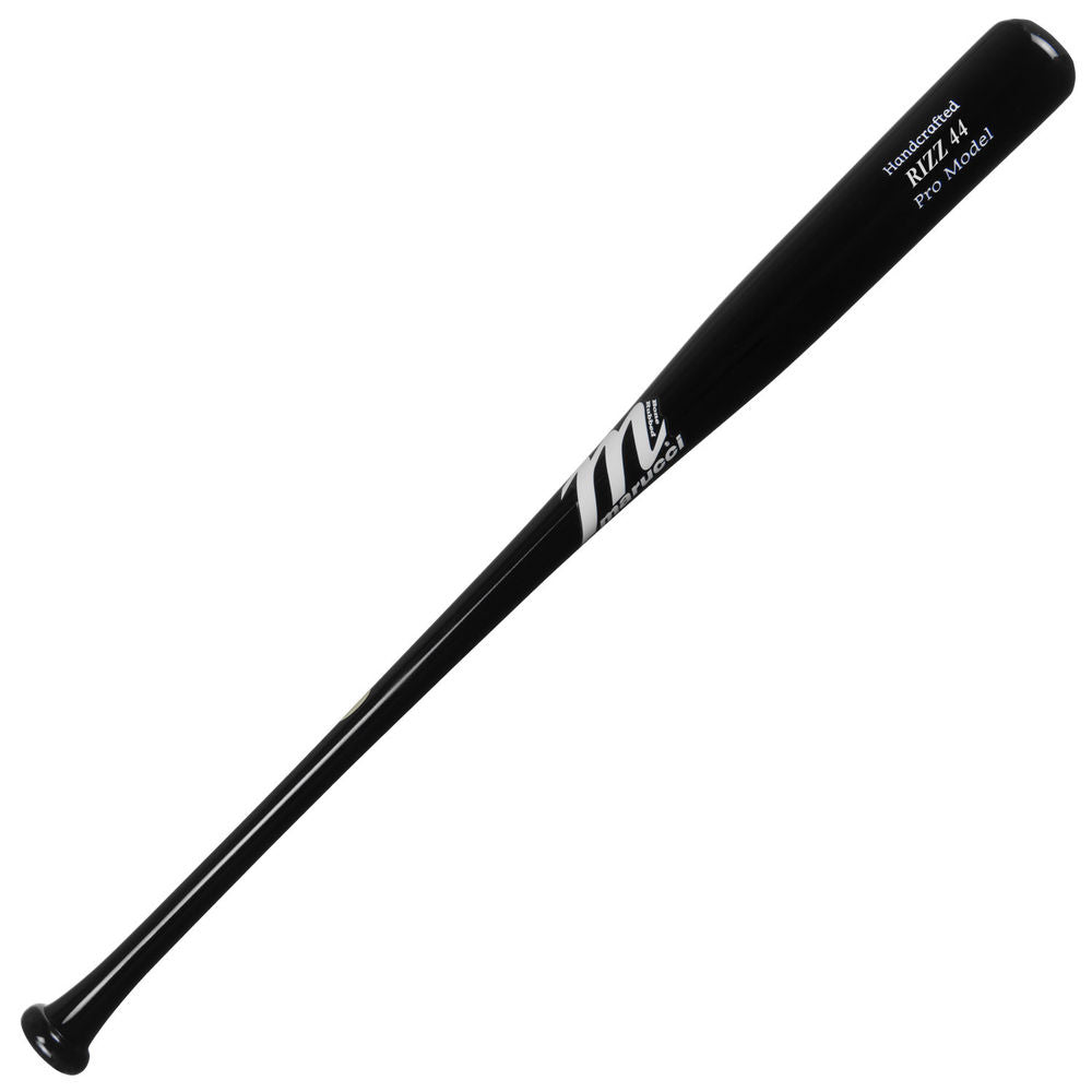 The Marucci RIZZ44 Anthony Rizzo Pro Model Maple Wood Bat (MVE2RIZZ44-BK) features black maple wood with white Marucci branding near the barrel, shown on a white background.