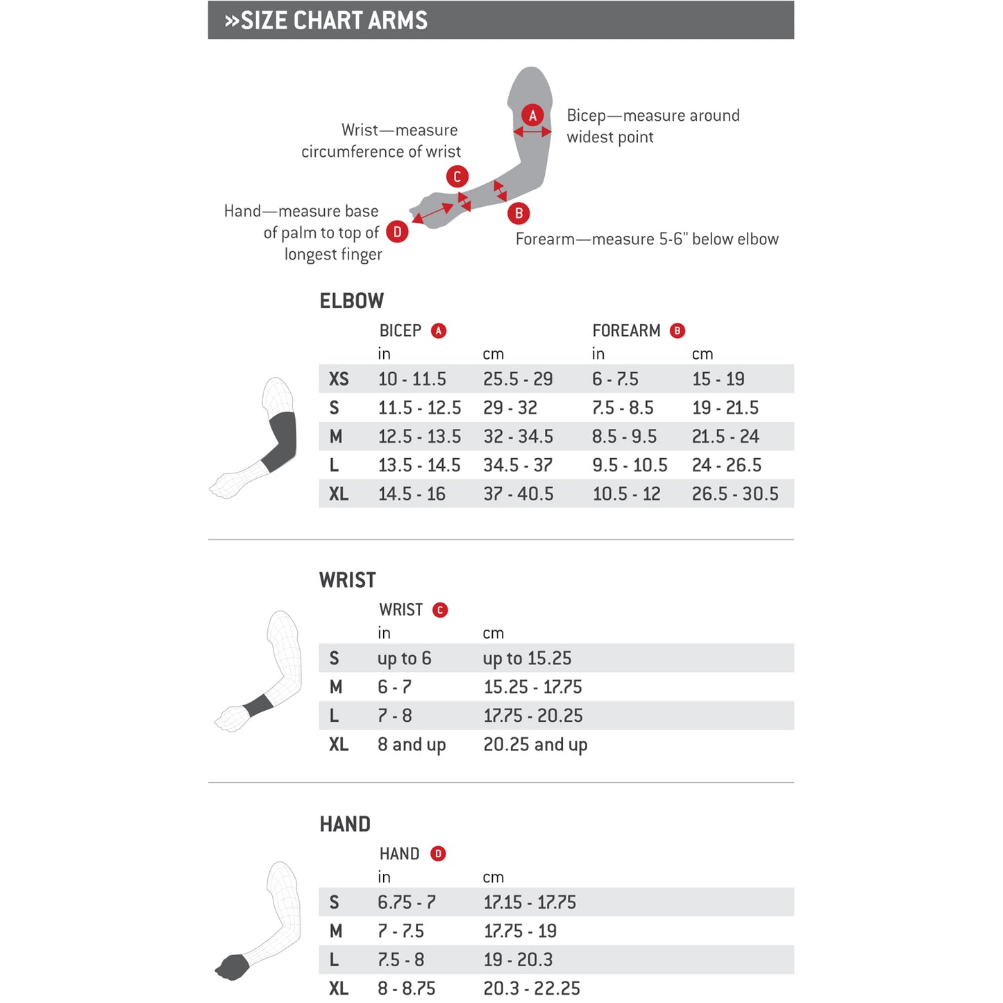 G-Form Pro Wrist Guard (WG0102) size chart shows how to measure arm, elbow, forearm, wrist, and hand. Includes a labeled diagram and S-XL tables in cm/inches for bicep, forearm, wrist guard fit, and hand—ideal for SmartFlex pads.