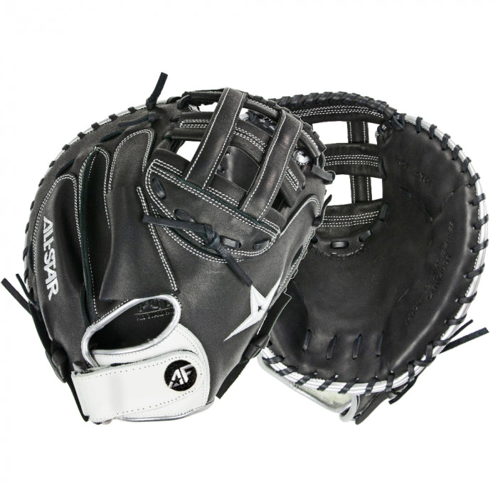 Two All Star AF Elite 33.5" Fastpitch Catcher's Mitts (CMW3001-B) in black and white, shown palm and back views on a white background. Made from Japanese-tanned steer hide with a single hinge design for top performance.