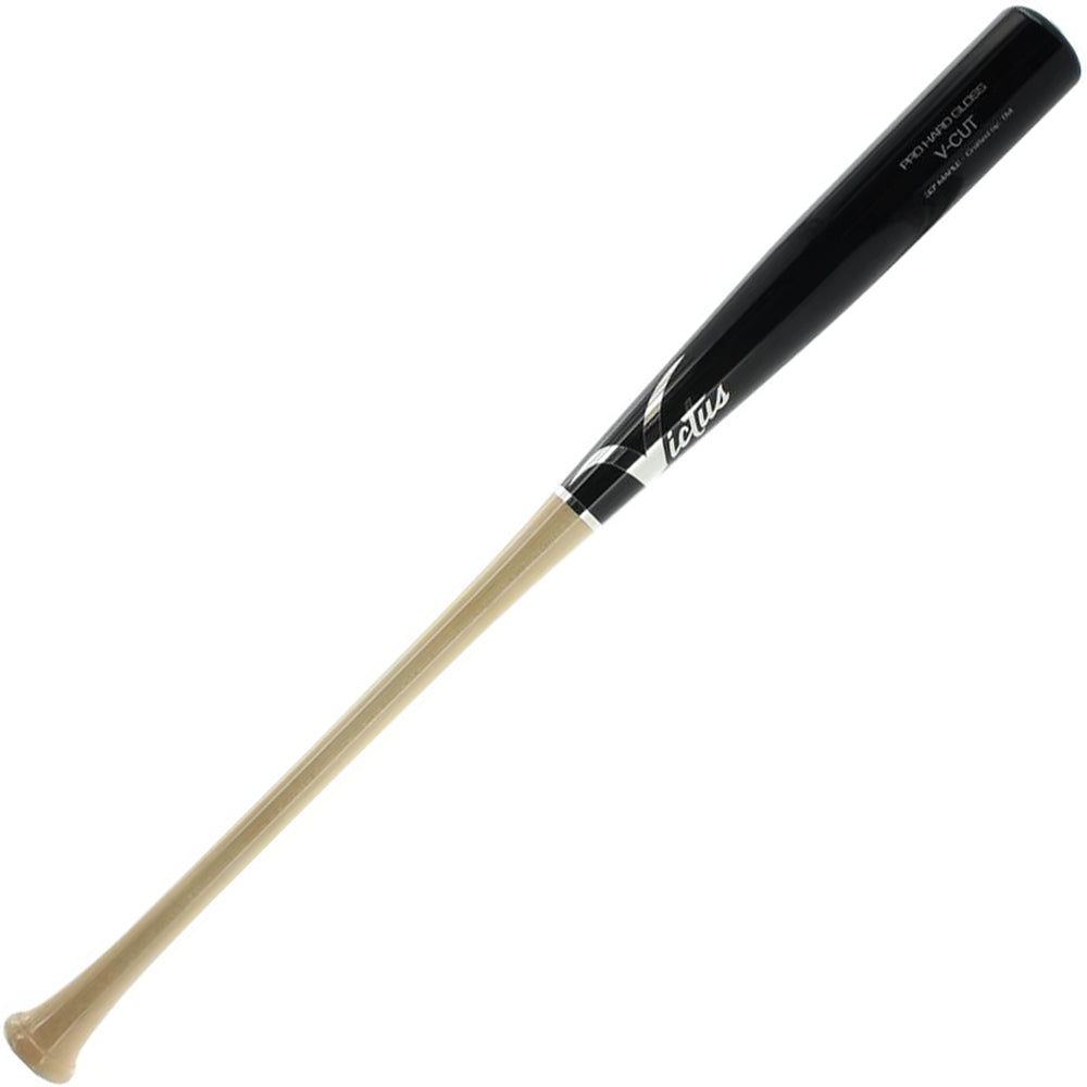 The Victus VCut Maple Wood Bat: VGPC-N/BK features a natural light wood handle, glossy black barrel, and Victus branding near the top.