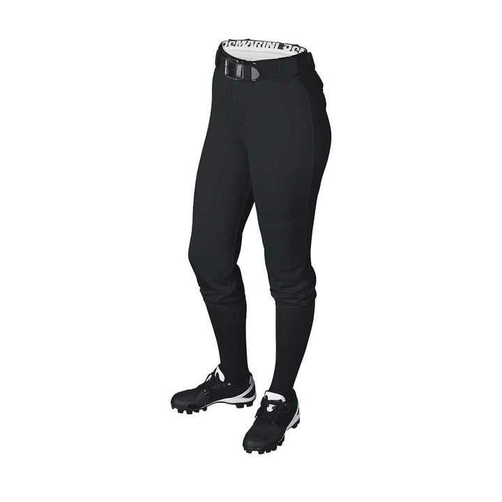 A person is shown from the waist down wearing DeMarini Girl's Belted Fastpitch Softball Pants (WTD4040), a black belt, black knee-high socks, and black and white athletic cleats, all against a white background.