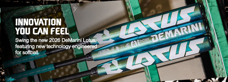 Three teal and white DeMarini Lotus softball bats are stacked horizontally on a metal rack, with text promoting the innovative 2026 DeMarini Lotus softball bat featuring new technology.