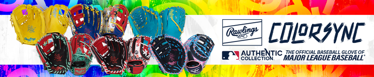A row of colorful Rawlings baseball gloves is displayed in front of a rainbow paint-splattered background. Text reads: Rawlings ColorSync. Authentic Collection. The official baseball glove of Major League Baseball.