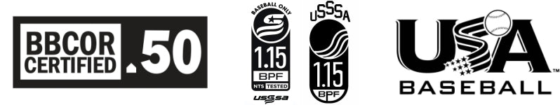 Four black-and-white logos: BBCOR Certified .50, Baseball One USSSA 1.15 BPF, USSSA 1.15 BPF, and USA Baseball, representing bat certification standards.