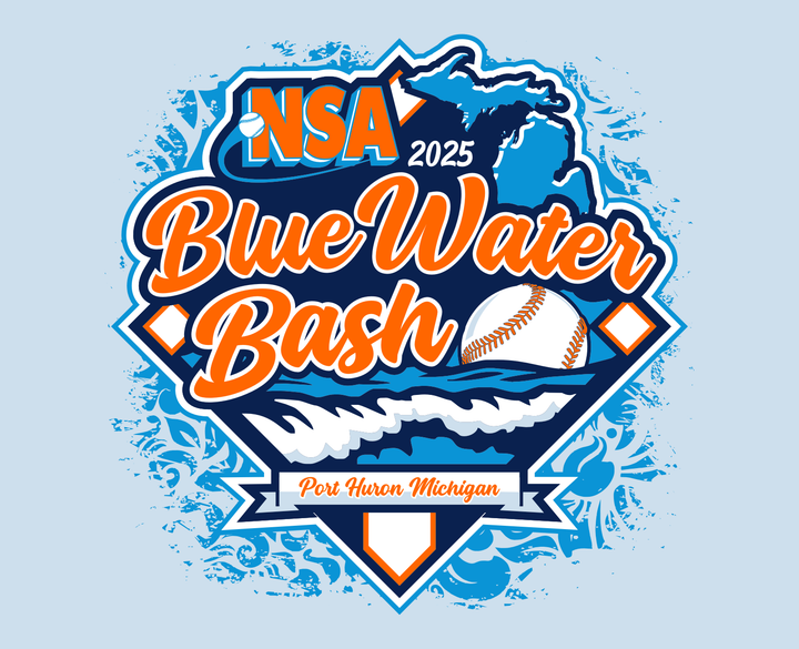 Logo for the 2025 NSA Blue Water Bash in Port Huron, Michigan, featuring bold orange and blue text, a baseball, state outline, and water waves on a blue background.