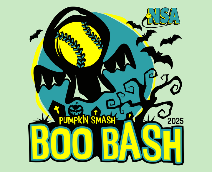 A softball with stitches flies as a ghost among bats, tombstones, and a twisted tree. NSA and BOO BASH 2025 are in bold letters; the design has a spooky Halloween theme.