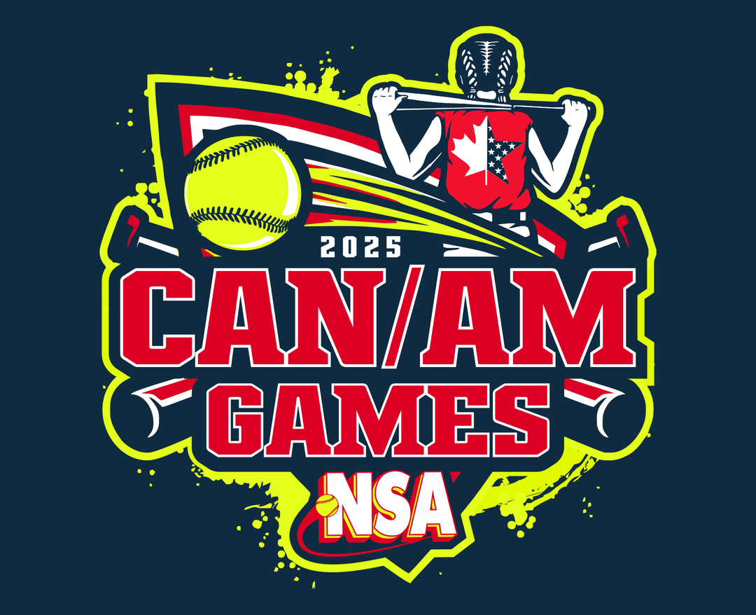 Logo for the 2025 CAN/AM Games, featuring a softball, crossed bats, a player holding a bat, and the NSA logo on a dark background with yellow splashes.