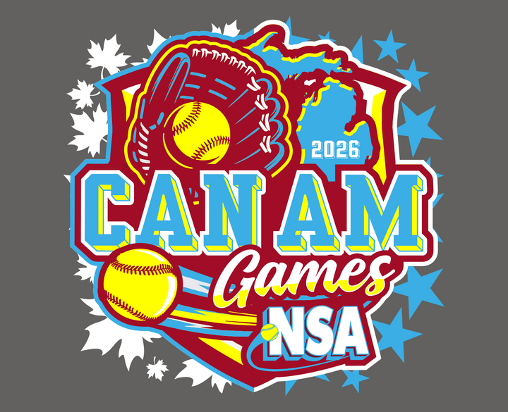 Logo for the 2025 CAN/AM Games, featuring a softball, crossed bats, a player holding a bat, and the NSA logo on a dark background with yellow splashes.