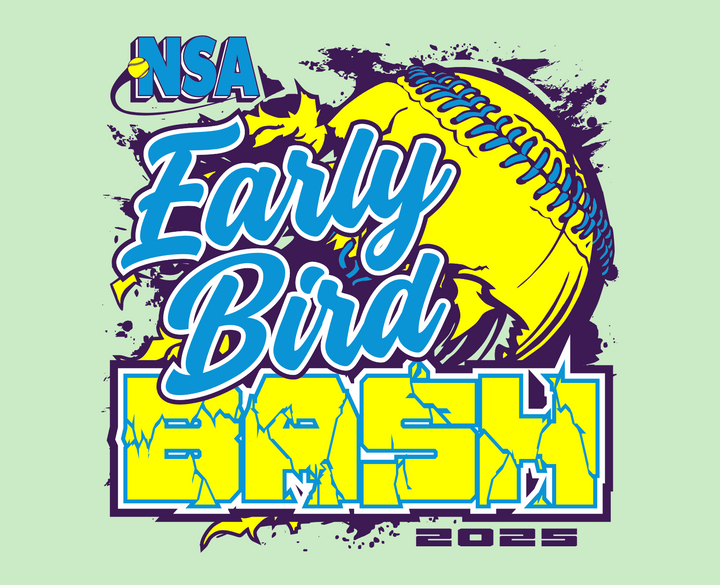 Graphic design with a yellow softball cracking through the words: NSA Early Bird Bash 2025 in bold blue, white, and yellow letters on a light green background.