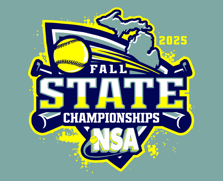 Logo for the 2025 NSA Fall State Championships, featuring a softball, crossed bats, and an outline of Michigan, with bold blue, yellow, and white text and splatter accents.