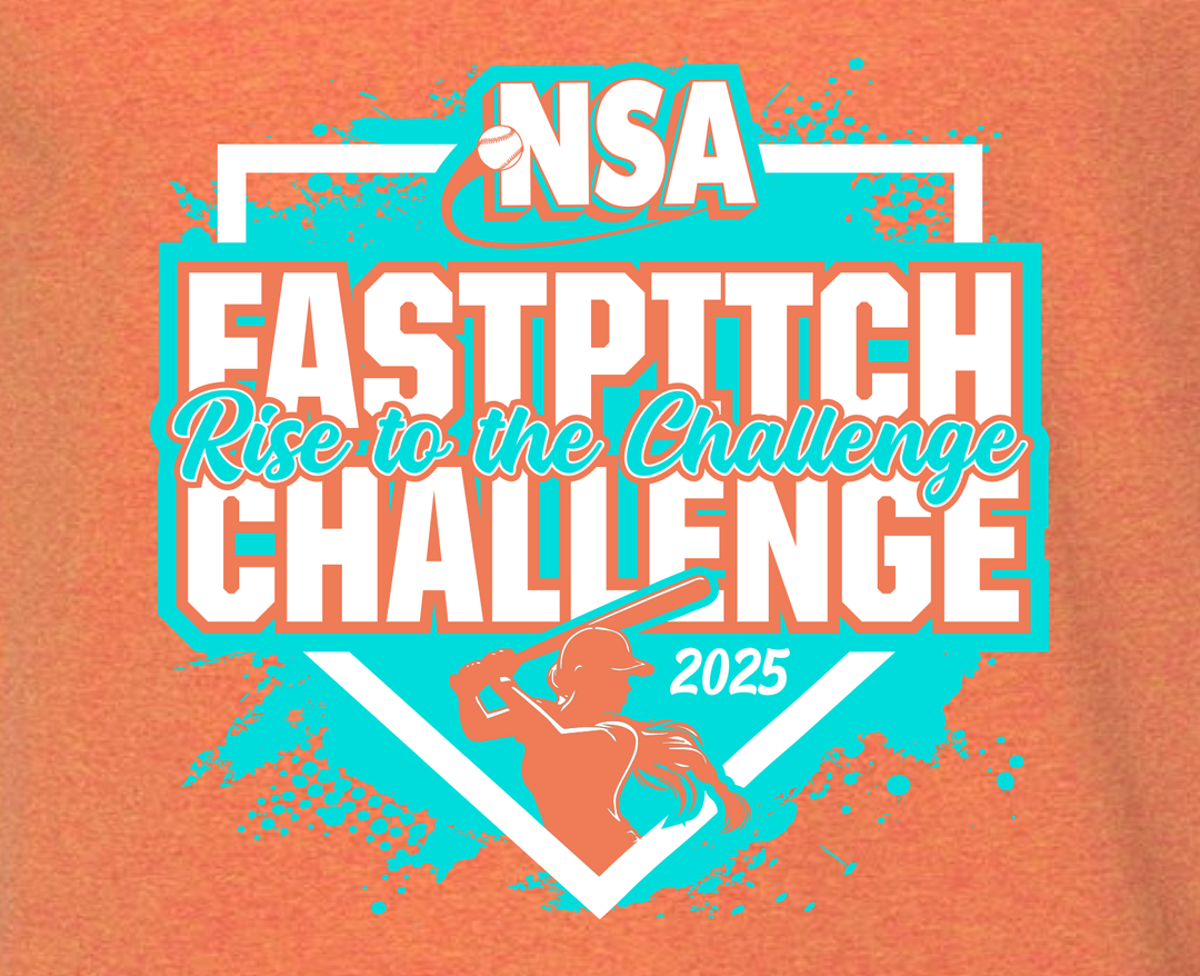 Text graphic reading “NSA Fastpitch Rise to the Challenge 2025” with a softball and silhouette of a batter, in teal, white, and orange colors on an orange background.