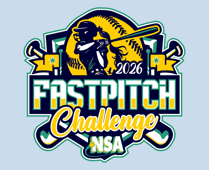 Text graphic reading “NSA Fastpitch Rise to the Challenge 2025” with a softball and silhouette of a batter, in teal, white, and orange colors on an orange background.