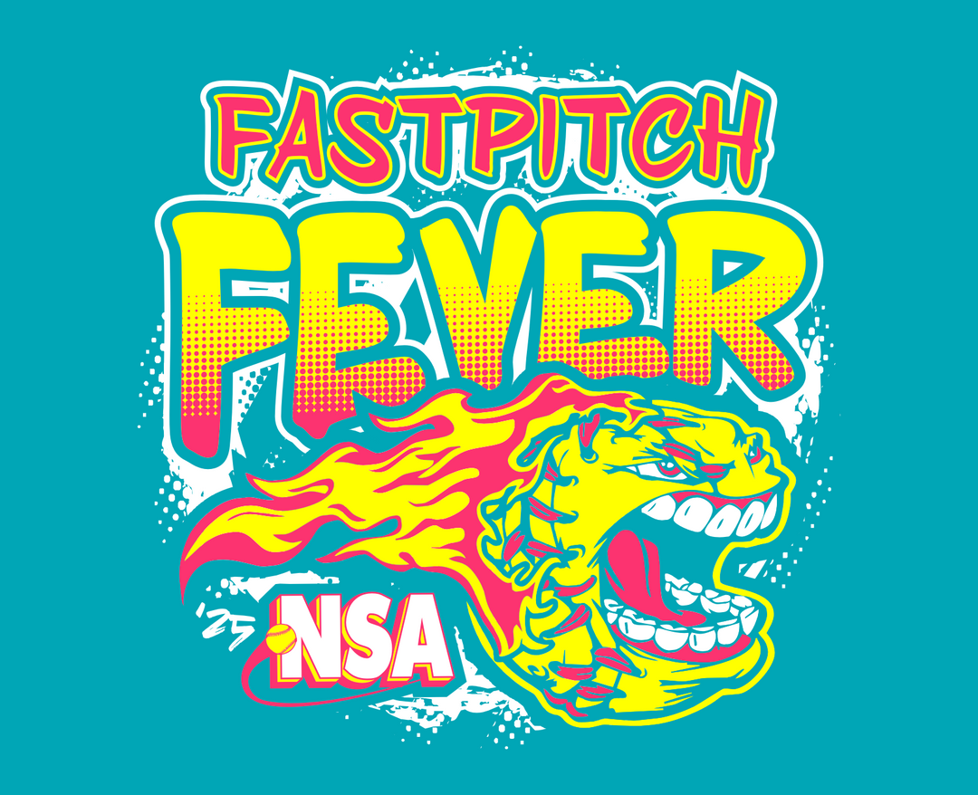 Colorful graphic text Fastpitch Fever with a fiery, roaring yellow softball below and NSA written inside the ball on a teal background. The design has a dynamic, energetic style.