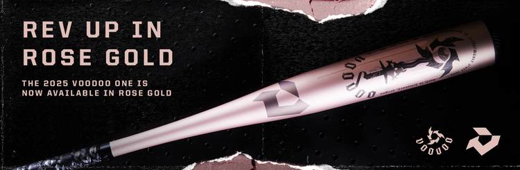A rose gold baseball bat with logos and text reads, REV UP IN ROSE GOLD. The 2025 Voodoo One is now available in Rose Gold, against a black and pink torn paper background.