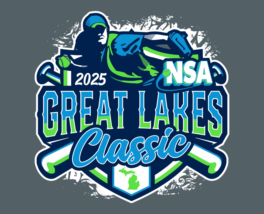 Logo for the 2025 NSA Great Lakes Classic featuring a softball player swinging a bat, two crossed bats, and a map of Michigan at the bottom, in blue, green, and white colors.