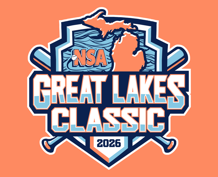 Logo for the 2025 NSA Great Lakes Classic featuring a softball player swinging a bat, two crossed bats, and a map of Michigan at the bottom, in blue, green, and white colors.
