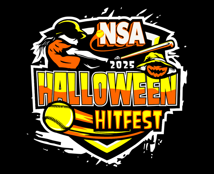 Colorful NSA 2025 Halloween Hitfest logo features a softball player swinging a bat, a yellow softball, and a witch hat with a jack-o’-lantern, all in bold orange, yellow, and white tones.