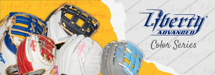 Four colorful Rawlings softball gloves are displayed on a yellow and white background with the text “Liberty Advanced Color Series” in blue and gray lettering.