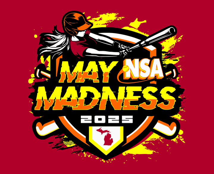 Illustration of a softball player swinging a bat with NSA May Madness 2025 text, crossed bats, and a Michigan outline on a bold, colorful background.