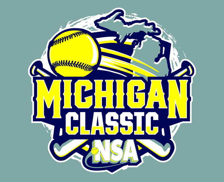 A stylized graphic of a softball player pitching in front of a blue outline of Michigan, with NSA Michigan Classic 2024 in bold lettering on a yellow background.