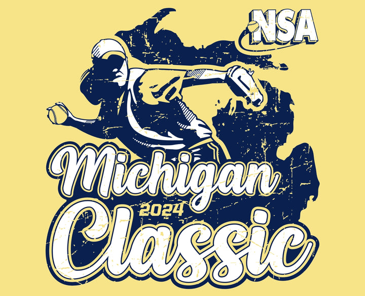 A stylized graphic of a softball player pitching in front of a blue outline of Michigan, with NSA Michigan Classic 2024 in bold lettering on a yellow background.