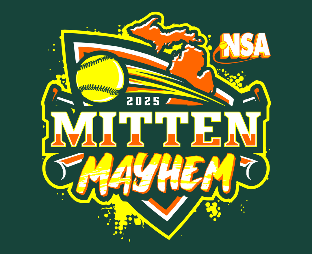 Logo with a softball, outline of Michigan, NSA in orange, and text 2025 Mitten Mayhem in bold letters, with yellow paint splatters and crossed bats on a dark green background.