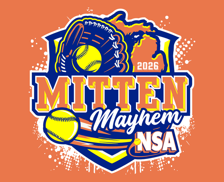 Logo with a softball, outline of Michigan, NSA in orange, and text 2025 Mitten Mayhem in bold letters, with yellow paint splatters and crossed bats on a dark green background.