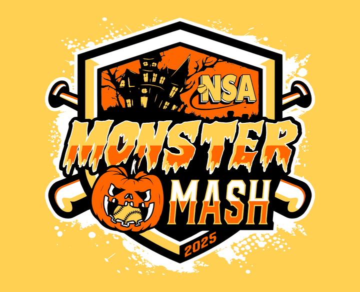 Halloween-themed NSA Monster Mash 2025 logo with a haunted house, hockey sticks, and a pumpkin with a hockey helmet, set against an orange and black shield on a yellow background.