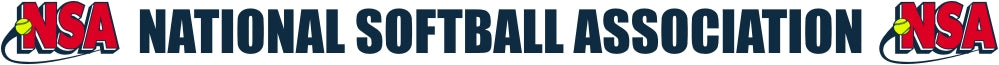 Logo for the National Softball Association with the abbreviation NSA in red on both sides of the text and a yellow softball design behind each abbreviation.